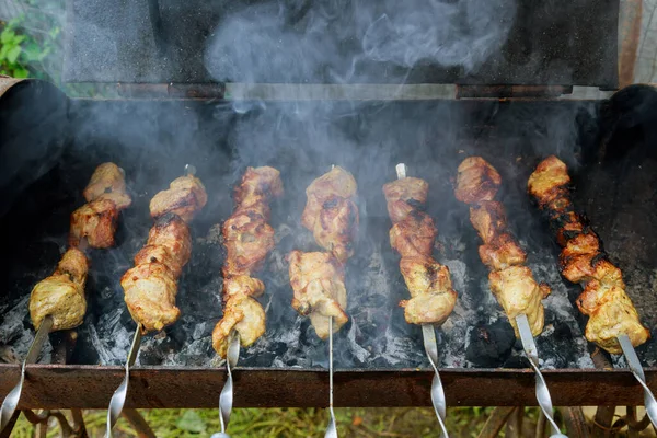 Grillowane Mięso Kurczaka Shish Kebab Szaszłyki Zewnątrz — Zdjęcie stockowe