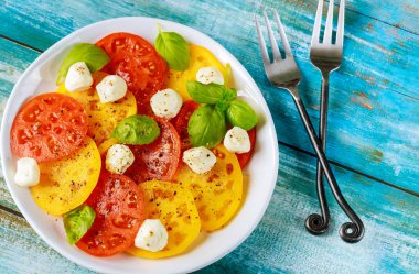 Baharatlı domates, mozzarella, çatallı fesleğen. Üst görünüm.