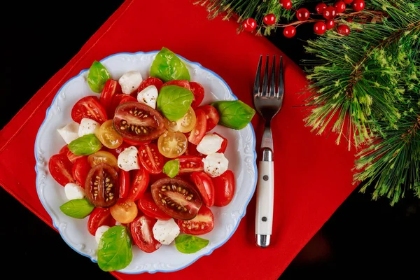 Fresh Salad Cherry Tomatoes Cucumbers Mozzarella Cheese Christmas Dinner Table — Stock Photo, Image