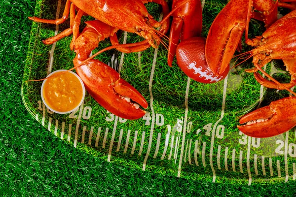 Close Ready Eat Red Lobster Lemon Football Ball Plate Grass — Stock Photo, Image