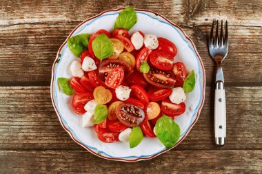 Baharatlı domates, mozzarella, çatallı fesleğen. Üst görünüm.
