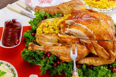 Kızılcık ve lahanayla süslenmiş hindi dolması. Şükran Günü, Noel veya Yeni Yıl.