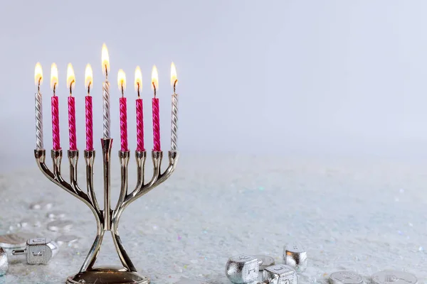 Εβραϊκό Σύμβολο Hanukkah Φόντο Μενόρα Και Dreidel Εβραϊκή Γιορτή — Φωτογραφία Αρχείου
