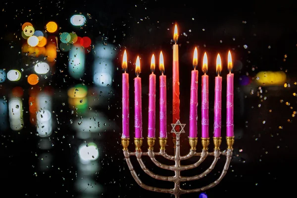 Rosa Candele Accese Sulla Menorah Festa Ebraica Hanukkah — Foto Stock