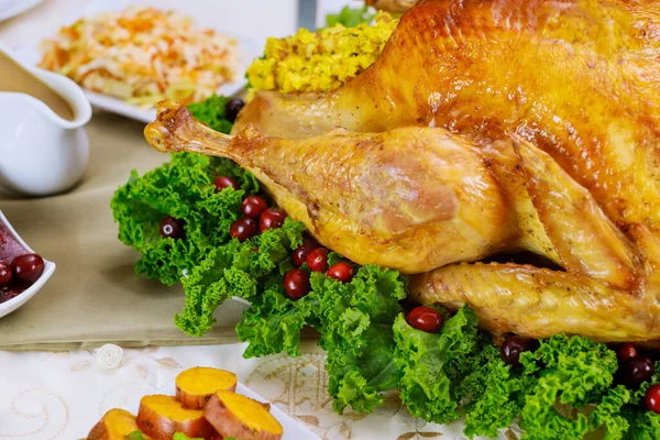 Close Chicken Decorated Kale Cranberry Christmas Dinner Holiday New Year — Φωτογραφία Αρχείου