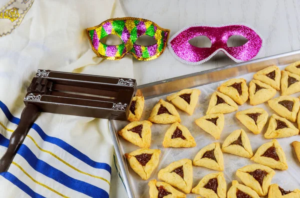 Biscotti Ebrei Orecchie Haman Con Marmellata Purim Con Maschera Tallit — Foto Stock