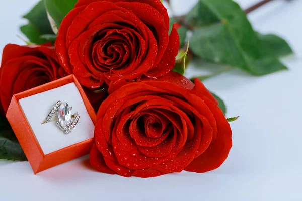 Ring Red Box Beautiful Red Roses White Background Valentines Day — Stock Photo, Image