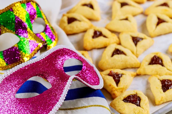 Biscotti Ebraici Hamantaschen Con Marmellata Tallit Maschera Purim Vacanza Ebrea — Foto Stock
