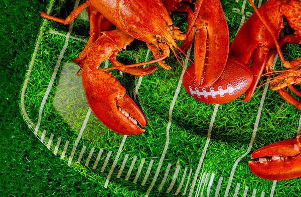 Two Red Cooked Lobsters Green Plate Football Ball American Football — Stock Photo, Image