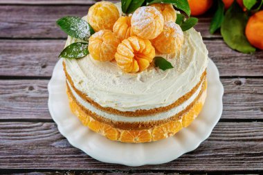 Turtayı taze mandalina ve yapraklarla kapat. Üst görünüm.