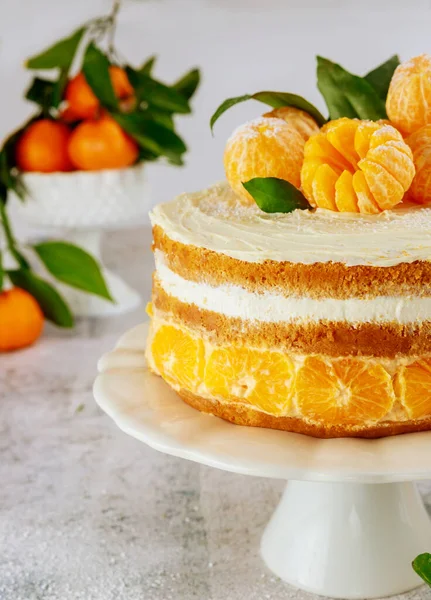 Gros Plan Gâteau Savoureux Festif Avec Des Mandarines Californiennes Fraîches — Photo