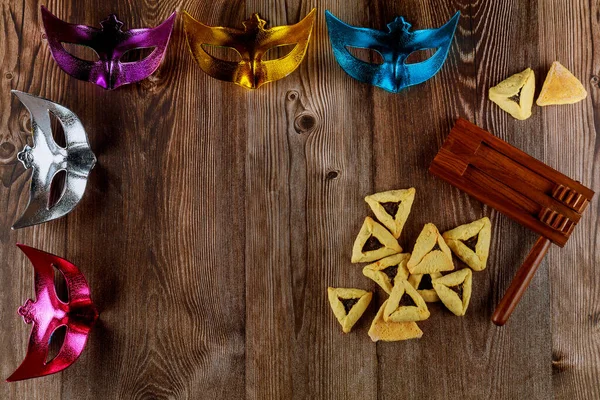 Fundo Férias Judaica Com Biscoitos Hamantaschen Máscara Carnaval Para Purim — Fotografia de Stock