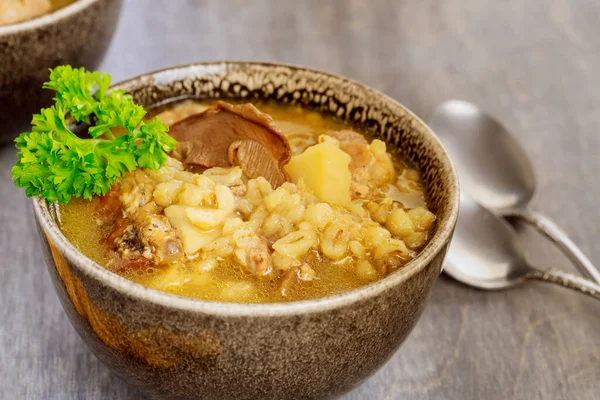 Homemade soup with mushroom and barley. Russian cuisine.