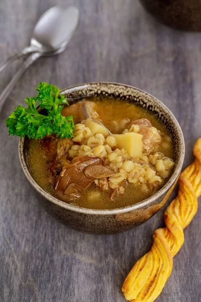 Ячмінний Суп Грибами Картоплею Здорова Їжа — стокове фото