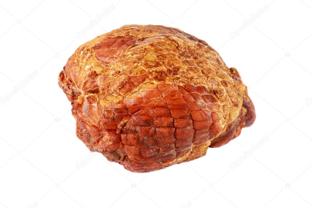 Whole pork ham isolated on white background. Meat, meal.