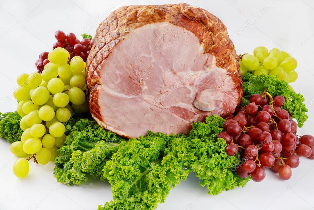 Pork ham with fresh fruits. Healthy food. Easter meal.