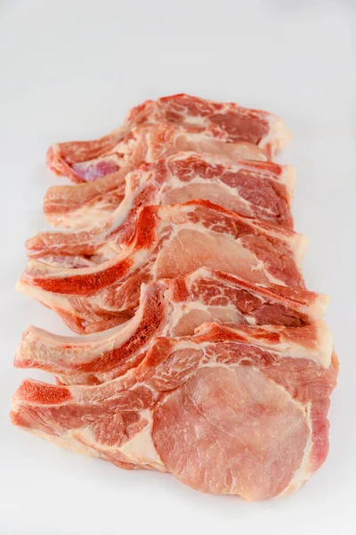 Raw Pork Chops Bone Isolated White Background Close — Stock Photo, Image