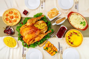 Şükran Günü yemeği. Geleneksel yemeklerle doldurulmuş hindi. Şükran Günü ya da Noel Günü.