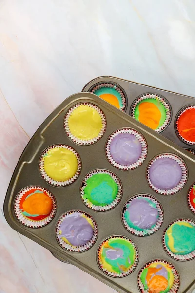 Uncooked Rainbow Cupcakes Two Oven Tray Top View — Stock Photo, Image