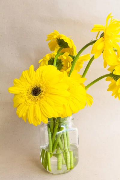 Ramo Flores Gerberas Amarillas Sobre Fondo Beige — Foto de Stock