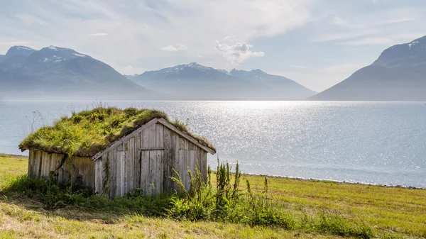 Eski bir kulübe yeşil çatılı, tipik İskandinav yatay