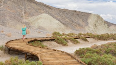 Tahta at Death Valley ülkedeki tuz Creek yürüyen kadın