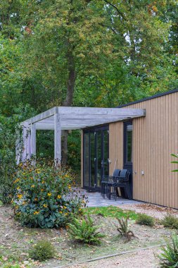 Hollanda Drenthe 'deki orman ortamında modern kiralık tatil evi.