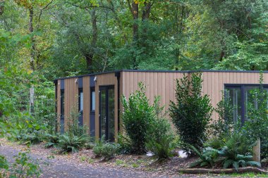 Hollanda Drenthe 'deki orman ortamında modern kiralık tatil evi.
