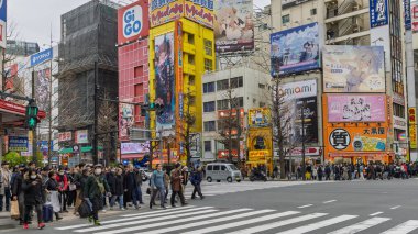 Tokyo, Japonya - 15 Mart 2025: Japonya 'nın Tokio kentindeki Akihabara Elektrik Bölgesi' nde yoğun geçiş