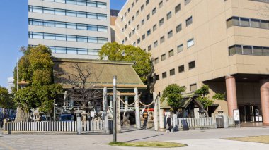 Hiroşima, Japonya - 20 Mart 2025: Japonya 'nın Hiroşima merkezindeki yüksek binalar arasında Shirakami-sha Tapınağı