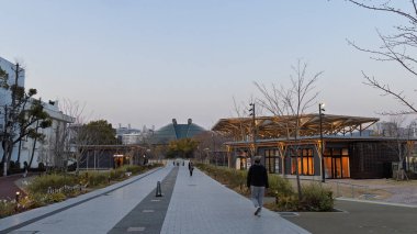 Hiroşima, Japonya - 20 Mart 2025: Japonya 'da Hiroschima yeşil arenasında yürüyen yayalar