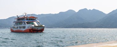 Miyajima, Japonya - 21 Mart 2025: Feribot Japon denizinden geçerek Hatsukaichi, Japonya 'daki Miyajima adasına