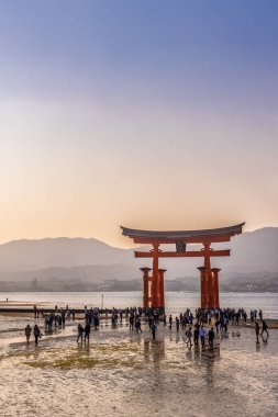 Miyajima, Japonya - 21 Mart 2025: Meşhur büyük kırmızı Torii gün batımında ve Japonya 'daki Miyajima Hatsukaichi adasında gelgit sırasında