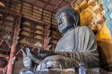Nara, Japonya - Mach 28, 2025: Japonya 'daki Honshu adası Nara' daki Todai-ji Daibutsuden 'da (Büyük Buda Salonu) güzel büyük Buda