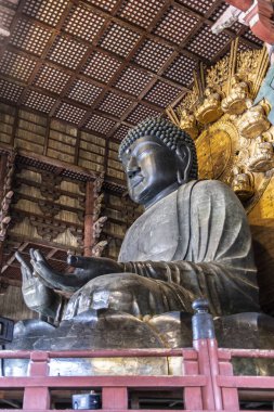 Nara, Japonya - Mach 28, 2025: Japonya 'daki Honshu adası Nara' daki Todai-ji Daibutsuden 'da (Büyük Buda Salonu) güzel büyük Buda