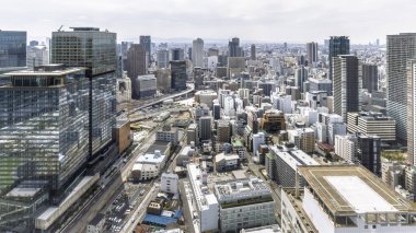 Osaka, Japonya - 31 Mart 2025: Osaka, Japonya 'daki Omeda gökyüzü binasının panoramik manzarası. Modern mimari