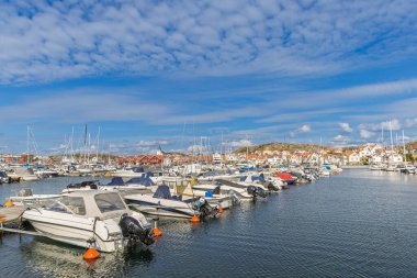 İsveç 'in Tjorn Adası' ndaki güneş ışığı limanında yatlar, yelkenliler, sahil boyundaki pastel evler ve tepede parlak mavi bir gökyüzü bulunan sakin bir marina bulunur..