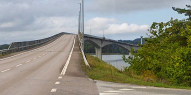 İsveç yolu, bulutlu bir gökyüzünün altında yeşil ağaçlar ve çimlerle çevrili sakin bir nehrin üzerindeki modern bir köprüye doğru tırmanıyor. Seyahat, altyapı ve doğa temaları için uygun sakin ve geniş bir sahne..