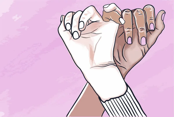 손짓은 국적과 피부색 인종주의를 사람들 우정의 상징입니다 지구의 분홍빛 배경에 — 스톡 벡터