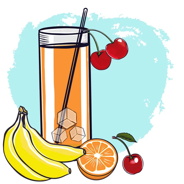 fresh fruit juice from banana, orange and cherry in a glass. health care concept. detox juice. vector illustration
