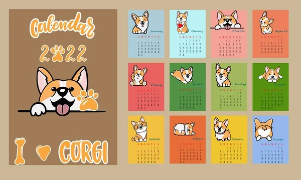 Funny calendar 2022 with welsh corgi dogs funny cute corgi dogs. Vector stock flat illustration. — Stock Vector