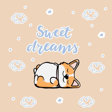 Kartpostal Corgi sosislisi ve tatlı rüyalar. Tatlı turuncu saçlı, kızıl saçlı, Galli Corgi vektör karikatür etiketi. Renkli arka planda izole edilmiş.