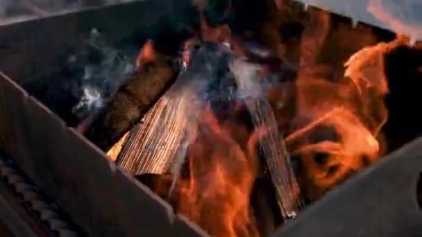 Uma chama forte de fogo em uma lenha de churrasco preta acende-se para fritar a carne no ar puro em um piquenique — Vídeo de Stock