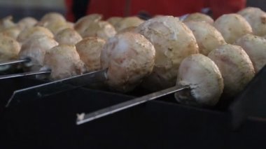 Bahar tatili. Kebapları yakın çekim açık ateşte. Lezzetli patates domatesli biber eti arka bahçede ızgara yapılır. Açık havada kebap pişirmek