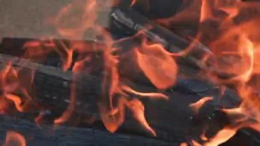 Siyah mangal odununda güçlü bir ateş alevi piknikte taze havada et kızartmak için tutuşturulur.