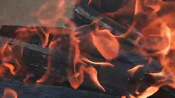 Uma chama forte de fogo em uma lenha de churrasco preta acende-se para fritar a carne no ar puro em um piquenique — Vídeo de Stock