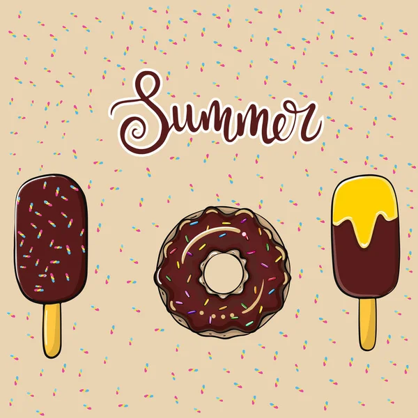 Olá Pôster Verão Com Sorvete Chocolate Donut Chocolate Ilustração Vetorial —  Vetores de Stock