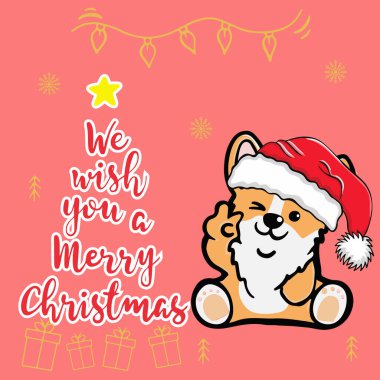 Şirin Corgi köpeği Noel Baba şapkası takmış gülümseyen Corgi köpeği. Size mutlu noel karikatürleri diliyoruz. Pembe arka planda izole edilmiş..