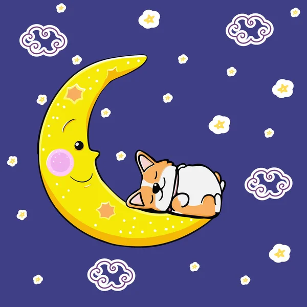 Briefkaart Corgi Hond Slaapt Maan Schattig Oranje Roodharige Welsh Corgi — Stockvector