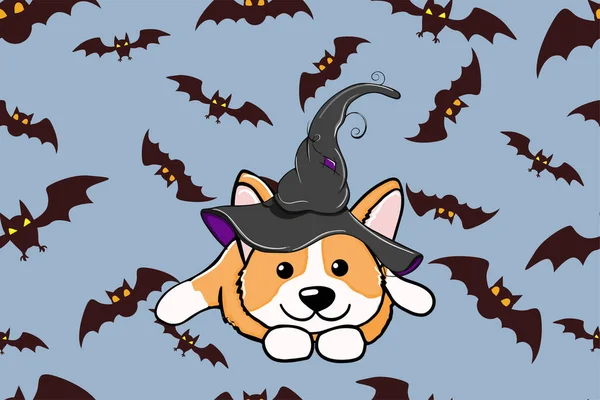 Halloween Corgi Cachorro Vestido Como Uma Bruxa Usando Chapéu Pet — Vetor de Stock